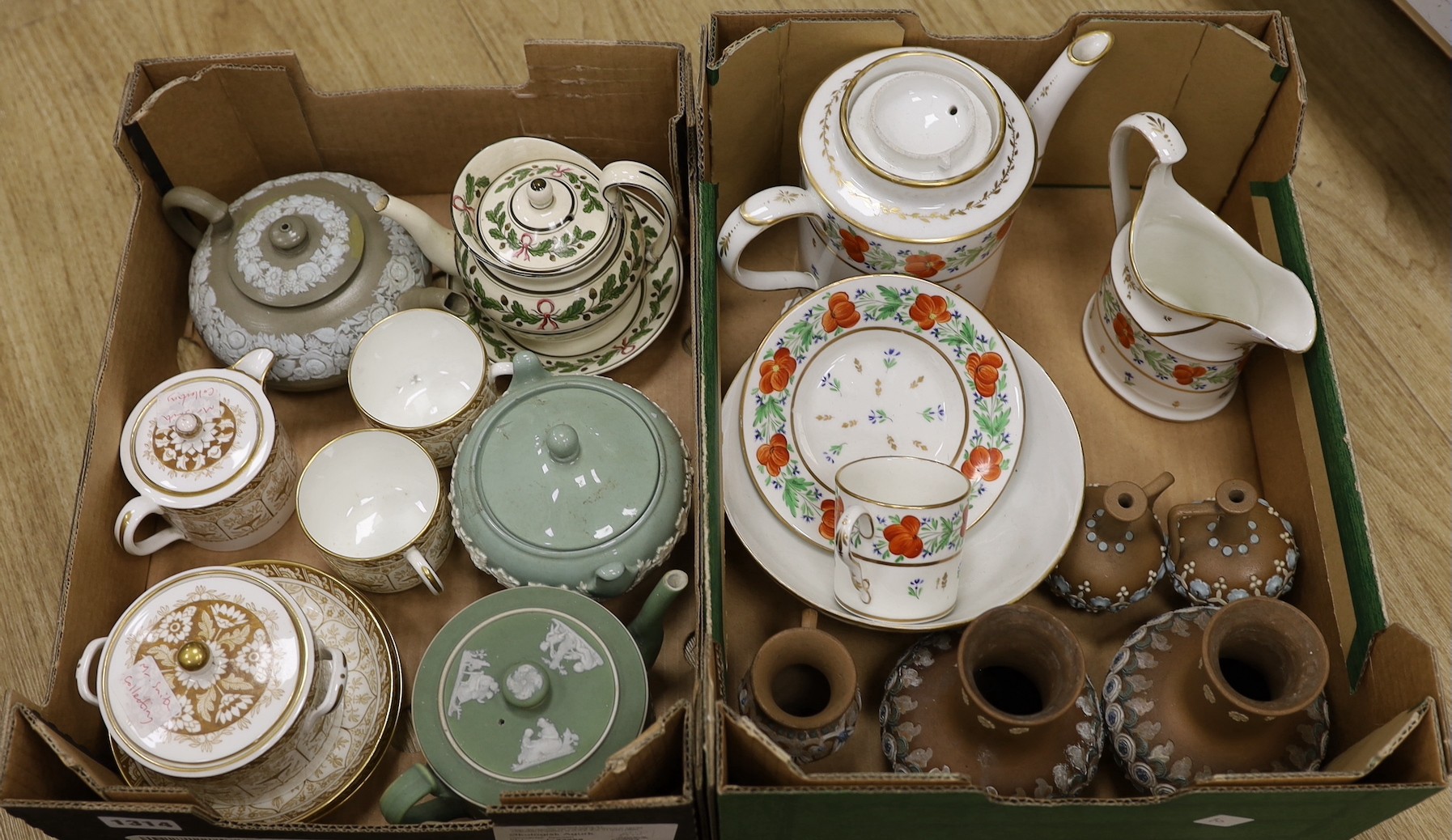 A group of Wedgwood tea wares, a Paris porcelain part tea set, Doulton silicon wares etc., 19th/20th century (two boxes)